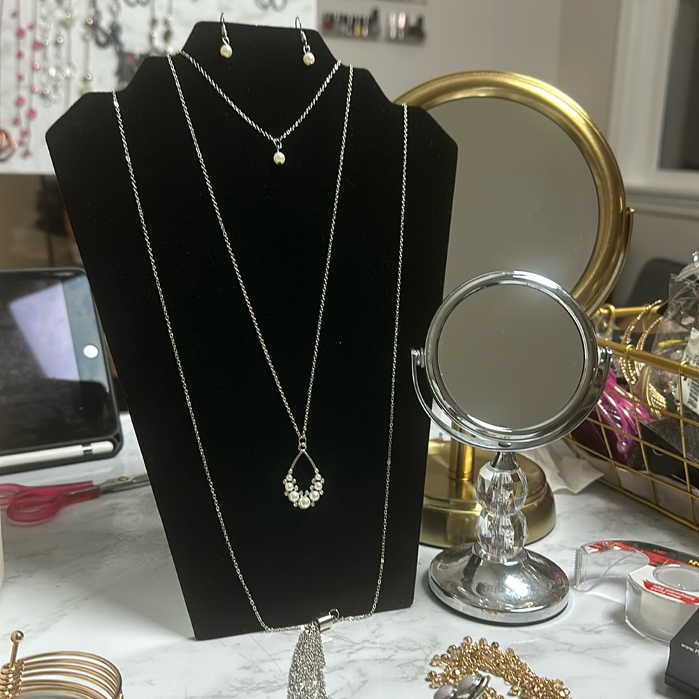 3 part pearl necklace with matching earrings